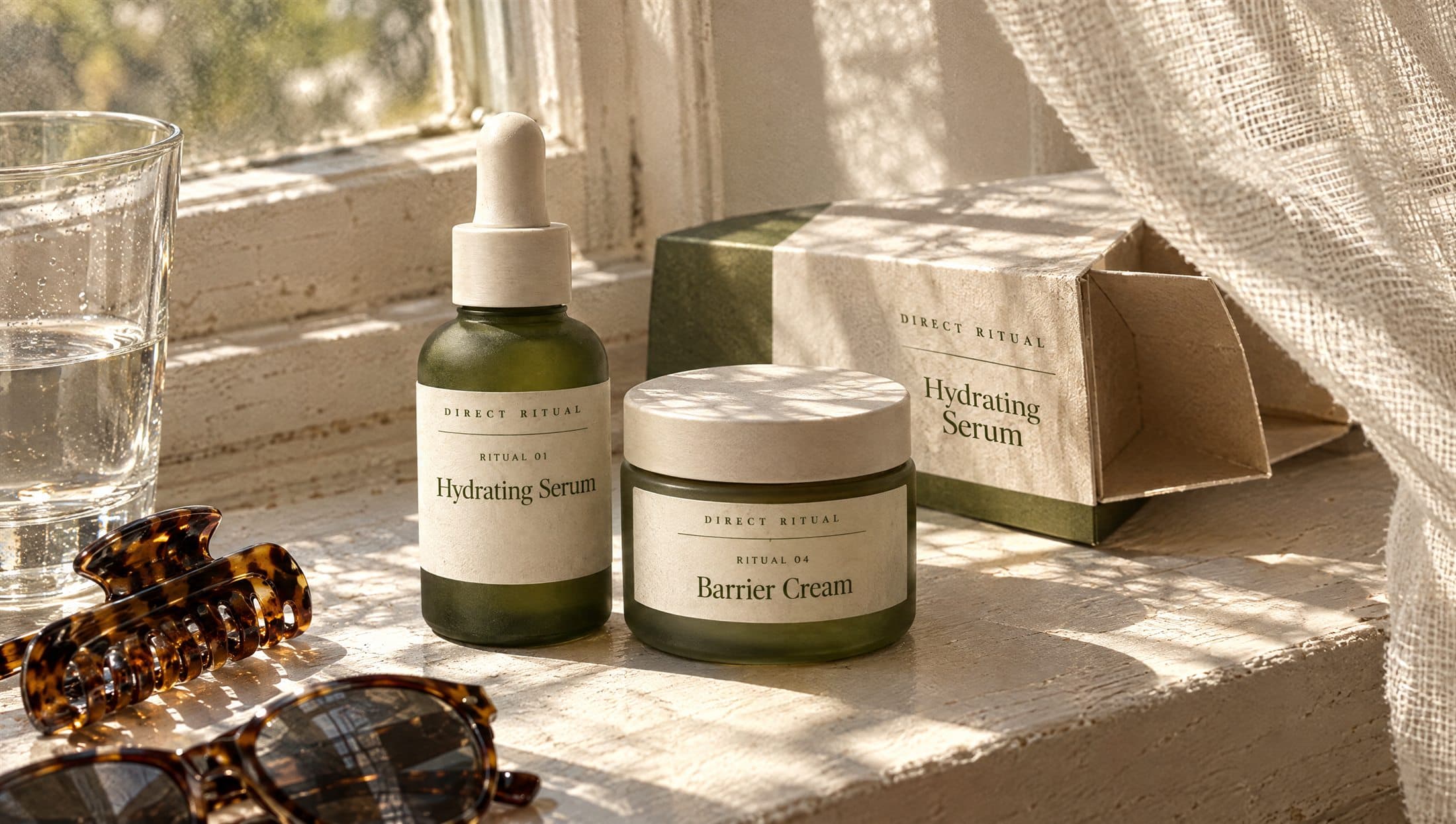 Direct Ritual serum and barrier cream on a sunny windowsill